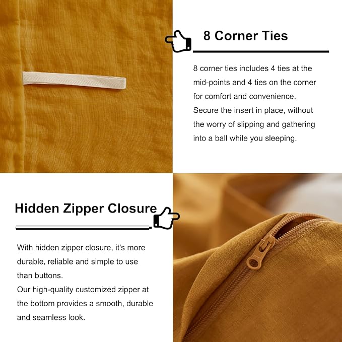 TOSMO Linen Duvet Cover Set, 100% French Flax Natural Linen Bedding 3pcs Set, Soft Breathable for Hot Sleepers 1 Duvet Cover and 2 Pillowcases (Butternut, Queen)