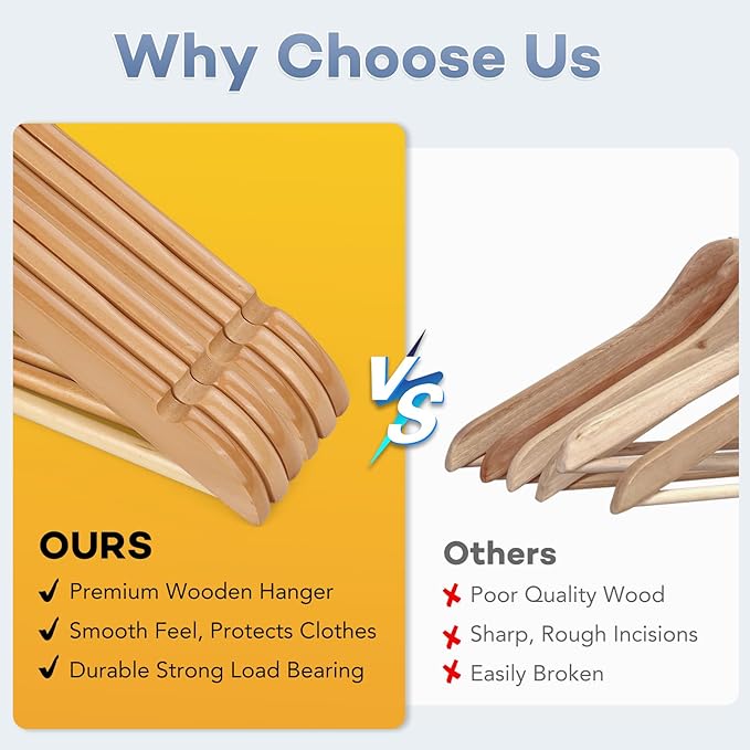 Wooden Hangers 100 Pack, Heavy Duty Wood Hangers for Coats, Suits, Jackets, Closet & Pants Durable Premium Wood Hanger with 360-Degree Rotatable Hook and Notches, Natural