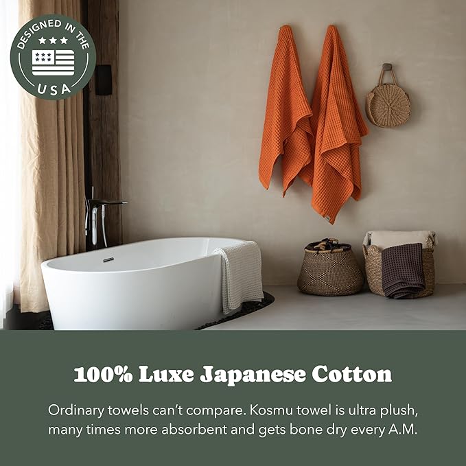 Luxury Organic Japanese Cotton Waffle Bath Towel | Thick, Absorbent, Quick Dry Bathroom Towels for Shower, Sauna, Onsen| Hotel & Spa Quality, Gift-Ready (Coral Orange, Complete Set (4-Piece))