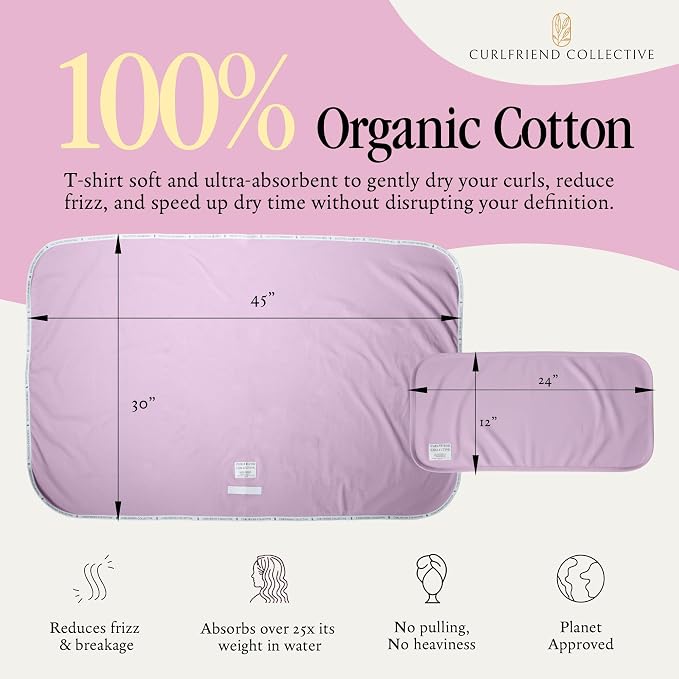 Curlfriend Collective Cotton Cloud T-Shirt Hair Towel Duo – Lilac Locks Hair Towel Wrap for Women, XL + Mini Hair Drying Towels for Curly Hair, No-Slip Plopping Towel, Ultra Absorbent Cotton