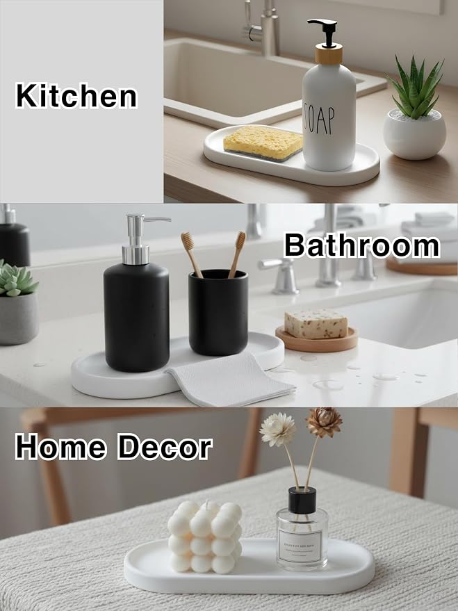 Diatomite Stone Sink Tray - Quick Drying Stone Sink Caddy for Kitchen & Bathroom Countertop, Water Absorbing Tray for Sponge, Soap, Brush&Vanity Holder, Minimalist White