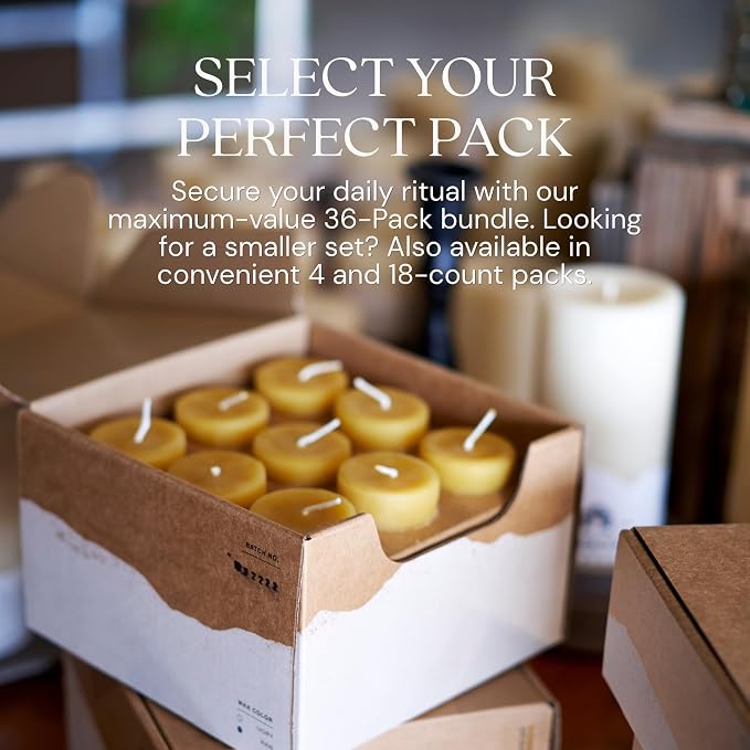 Bluecorn Beeswax Votive Candles, Yellow, 36 Pack | 100% Pure Natural Bees Wax, Clean Burning & Long Lasting (12+ Hours), Fragrance Free, American Made