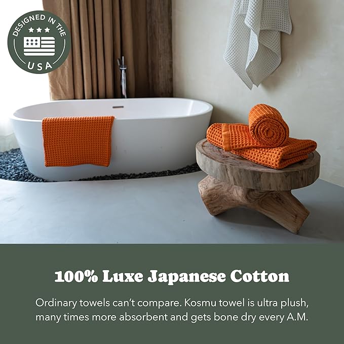 Luxury Organic Japanese Cotton Waffle Bath Towel | Thick, Absorbent, Quick Dry Bathroom Towels for Shower, Sauna, Onsen| Hotel & Spa Quality, Gift-Ready (Coral Orange, Bath Towel, 55" x 34")