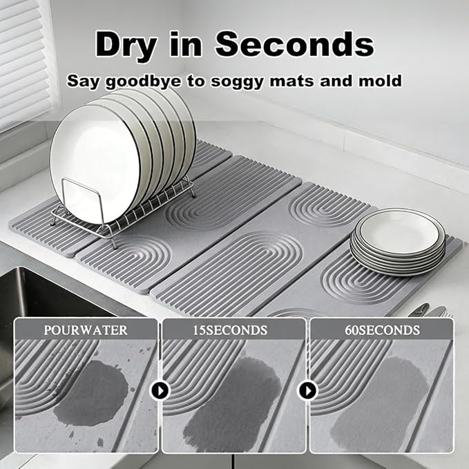 23.6"×15.7" Diatomaceous Earth Stone Dish Drying Mat, Foldable Super Absorbent Quick Dry Non-Slip Eco-Friendly Pad for Kitchen Counter, Dishes, Cups, Bottles & Utensils, Light Gray