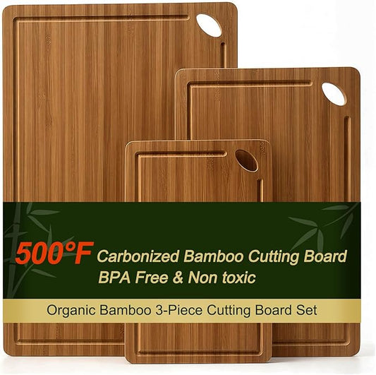 Non Toxic Bamboo Cutting Board Set of 3 Solid Wood Plastic Free Cutting Boards for Kitchen Small Dark Wooden Chopping Board Hardwood Cutting Boards for Meat Bread Fruit Serving Charcuterie Board
