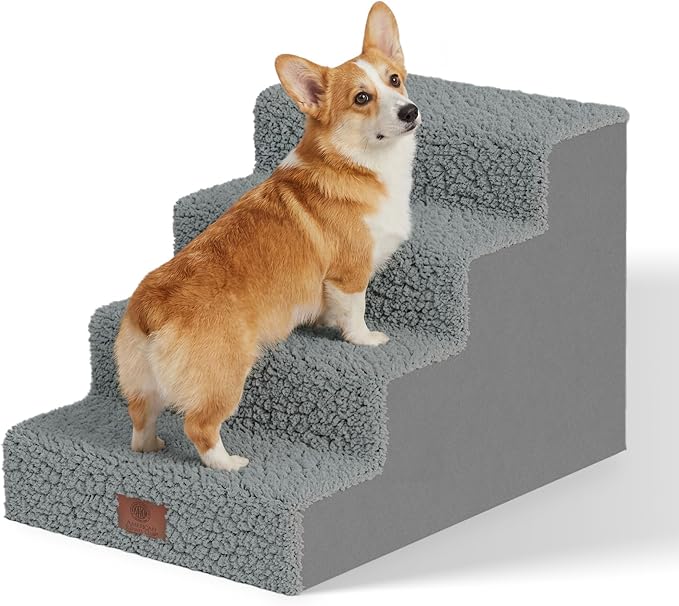 AKC – 4-Step Pet Stairs for Beds & Couch | Built for Small Dogs & Small Breeds | Long-Back & Senior Dogs | Lightweight, Soft, Non-Slip, Washable | No-Tool Assembly | Supports 35 lbs | 16x24x14.2 in