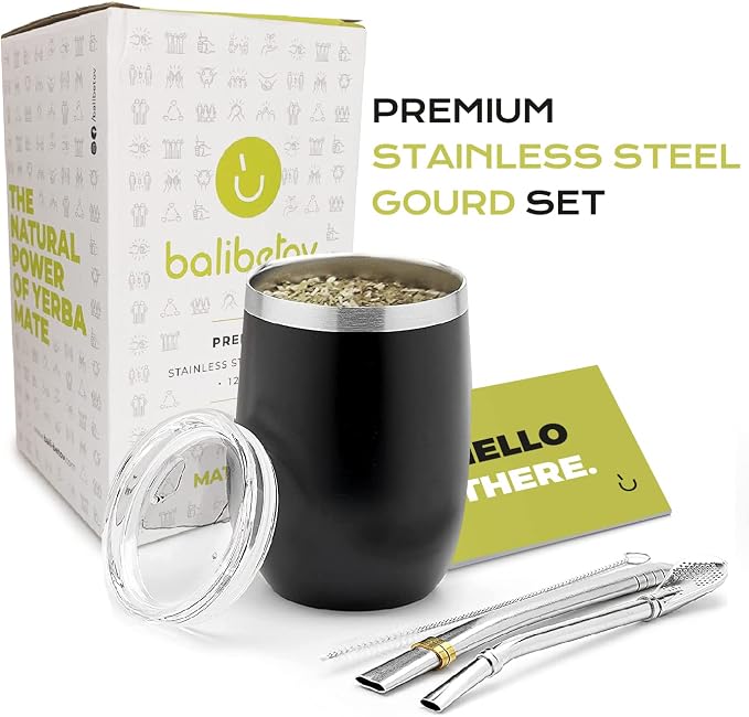 BALIBETOV 5-Piece Large Yerba Mate Cup and Bombilla Kit – Yerba Mate Gourd with Lid, 2 Bombilla Mate Straws, Cleaning Brush, Double-Wall Stainless Steel Mate Cup Set