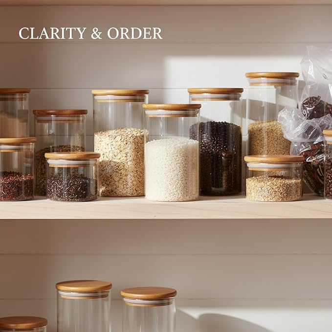 Borosilicate Glass Storage Jars with Bamboo Lids, Clear Kitchen Canisters for Pantry Organization of Dry Goods, Coffee, Tea, and Grains