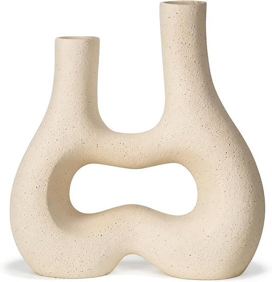 Modern Double Neck Hollow Vase, Minimalist Nordic Resin Sculpture for Home Decor, Boho Wabi-Sabi Vase for Living Room Bedroom Office Table Centerpiece (Ivory)