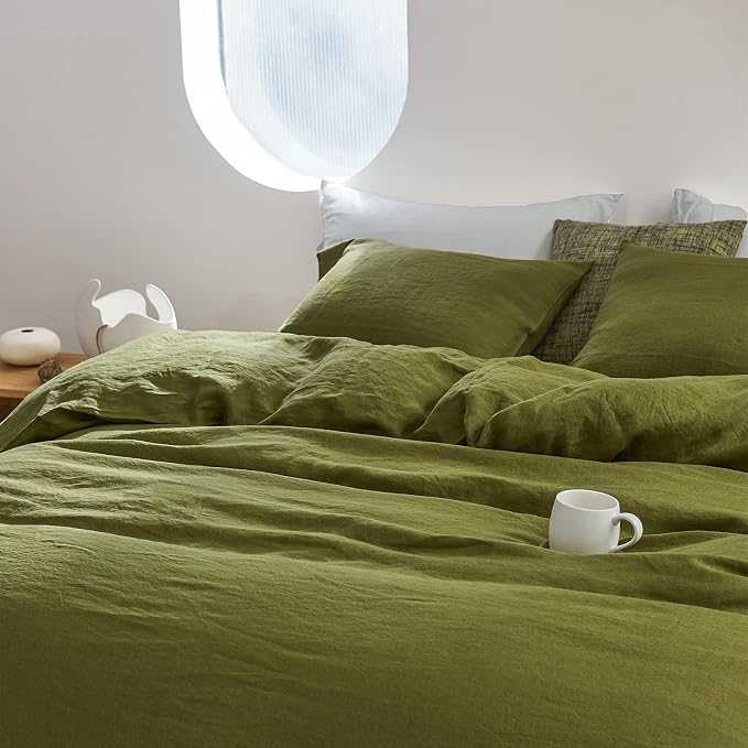 Simple&Opulence 100% Linen Duvet Cover Set 3pcs with Coconut Button Closure Natural French Washed Flax Solid Color Soft Breathable Farmhouse Bedding - Olive Green, King Size