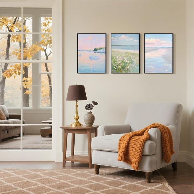 Coastal Pink Wall Art Set of 3 Maximalist Ocean & Beach Landscape Canvas Poster Trendy Sailboats Flowers Sunset Painting Pastel Picture Prints for Bedroom Home Decor 24x36inch Black Framed