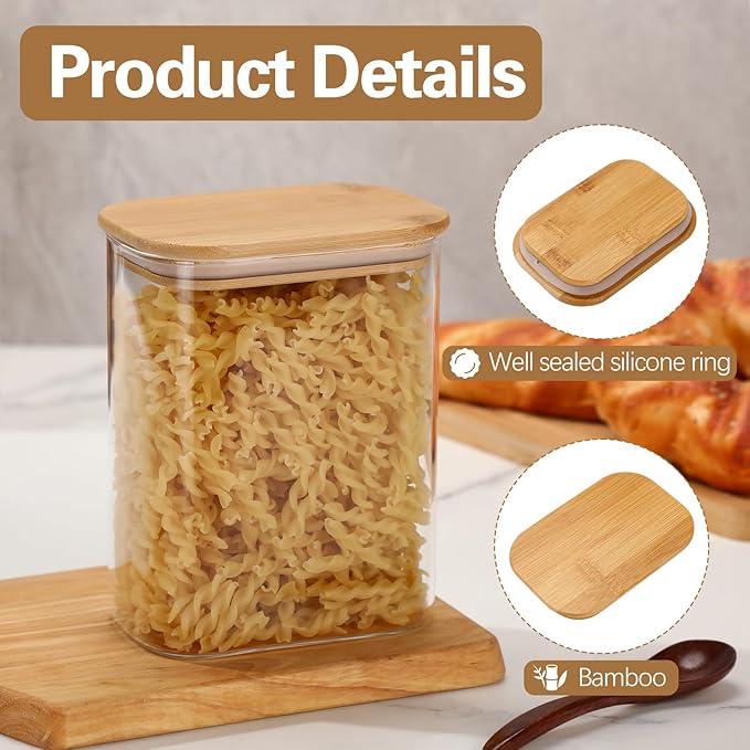 Suclain 6 Pcs 37 oz Rectangle Glass Jars with Bamboo Lids Airtight Food Storage Containers Coffee Containers for Countertop Pantry Storage Kitchen Jars for Sugar Spice Cookie Rice Flour Pasta Candy