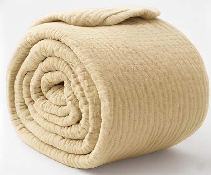 KyraHome 100% Organic Cotton Muslin Blankets for Adults, Large 60"x80", Plant Dyed, Lightweight Breathable Gauze Throw Blanket for Couch, Picnic, Summer All Season (Shortbread/Creamy)