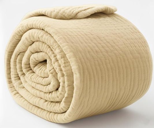 KyraHome 100% Organic Cotton Throw Blanket, 90"x90" Queen Muslin Blankets for Adults, Couch, Pre-Washed Breathable Lightweight Blanket, Coverlet, All Season (Shortbread/Creamy)