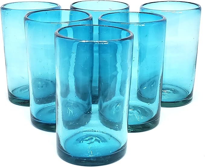 Solid Aqua Blue 14 oz Drinking Glasses (set of 6), Recycled Glass, Lead-free, Toxin-Free (14oz Drinking)