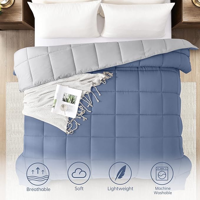 Homelike Moment Comforters Queen Size - Blue Duvet Insert Down Alternative Bed Queen Comforter, Lightweight Bedding Comforters Full Size Quilted Soft All Season Reversible Blue/Grey
