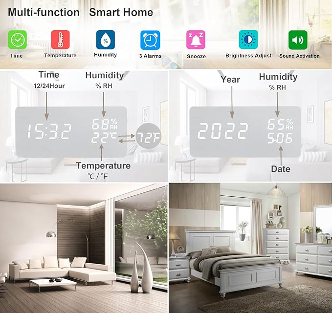 Alarm Clock Wood Digital Clock for Bedroom Snooze Modern LED Desk Clock Display Time Temperature Humidity Brightness Adjustable for Kids Teens Home Office White