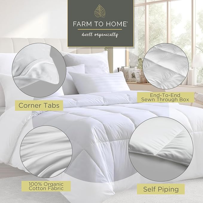 Farm To Home Organic Cotton Feather and Down Comforters Queen Size, 100% Organic Cotton Cover, All Seasons Duvet Insert, 4 Corner Tabs, Naturally Breathable White Bedding Comforters, 90"x90"