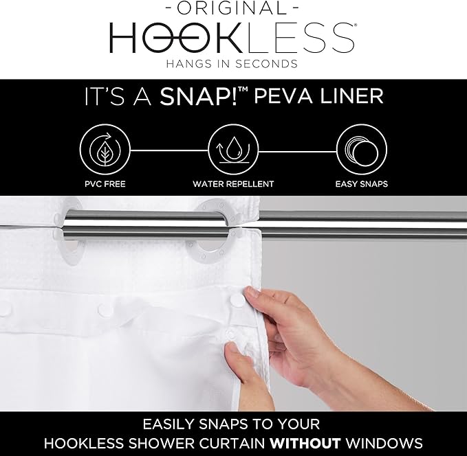 Hookless It's A Snap! Plastic PEVA Snap-In Replacement Shower Curtain Liner for Hookless Curtain with No Sheer Window, 70" x 69", Water-Repellent, Easy Install, Frost