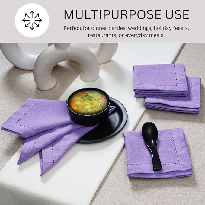Hemstitch Dinner Napkins 100% Cotton Set of 12 - for Dining Weddings Parties Holidays Easter Everyday Use - Soft Durable Washable Table Napkins - 18x18 Inch Cloth Napkins Lavender
