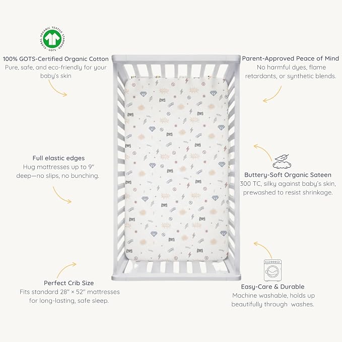 Makemake Organics GOTS Certified Organic Cotton Fitted Crib Sheet Soft Breathable Superheros (28"x52", Mighty Heros)