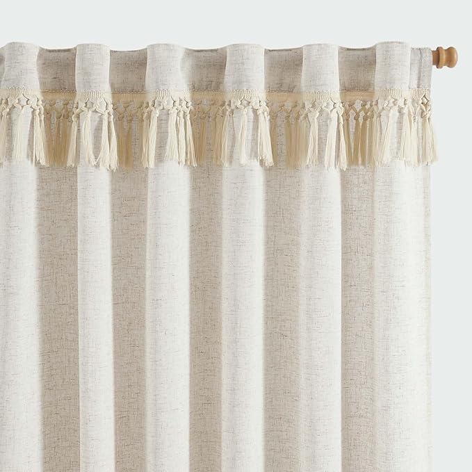 jinchan Linen Curtains for Living Room Bedroom Light Filtering Semi Sheer Curtains Boho Farmhouse French Country Cottage Core Decor Window Drapes Back Tab 96 Inch Length Tassel Beige