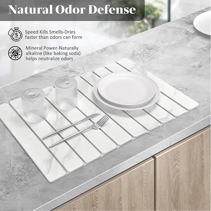 Large Stone Dish Drying Mat for Kitchen Counter, Fast Drying Collapsible Dish Drying Mat, Eco-Friendly Absorbent Diatomaceous Earth Mats for Dishes, Match Any Countertop(White Marble 24"×16" & 8"x4")