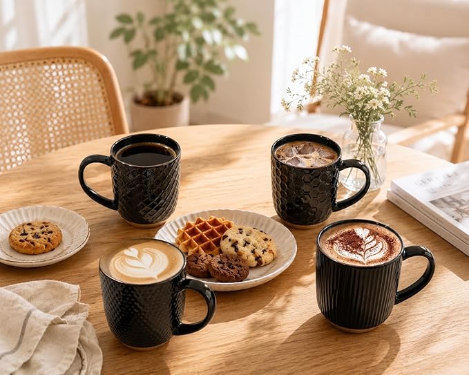 GBhome Large Coffee Mugs Set of 4, 16oz Handmade Embossed Coffee Mugs Set with Large Handle for Cappuccino/Latte/Tea/Hot Cocoa, Dishwasher & Microwave Safe, Black