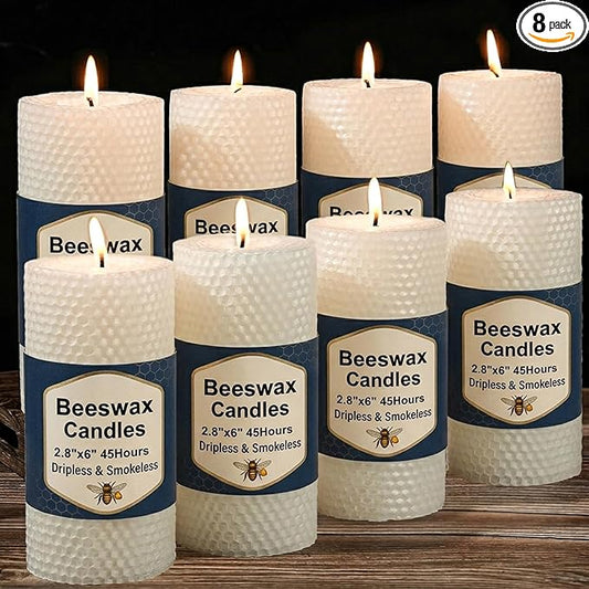 8 Pack Beeswax Pillar Candles, 360 Hours Handmade Large Pillar Beeswax Candles Handcrafted Honeycomb Unscented Bees Wax Candle for Home, Prayer(2.8x6 in)