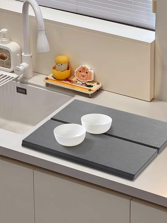 Stone Dish Drying Mat - Large Foldable Marbled Quick Drying Dish Mats, Stone Coasters Set of 4 Collapsible Ultra Absorbent Diatomaceous Earth Mats for Kitchen Counter Bathroom (Grey-4Pcs)