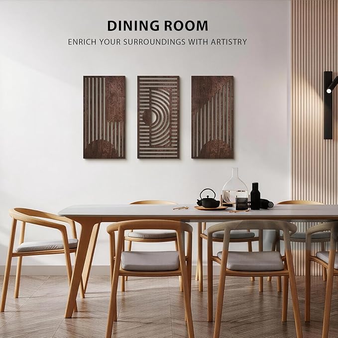 VIYYIEA Boho Solid Wood Carved Wall Art Set of 3, Geometric Minimalist Wooden Home Decor Panels, Handcrafted Solid Wood Wall Hanging for Living Room Bedroom Hallway, 16 x 8 Inch Each (Geometry I)