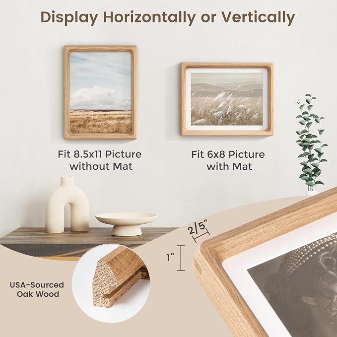 8.5 by 11 Picture Frame, USA-Sourced Oak Wood Photo Frames with HD Tempered Glass, Handcrafted Rounded Corner 8.5 x 11 Wooden Frames Matted to 6x8 Photos, 8.5x11 Frame, Tabletop or Wall Display