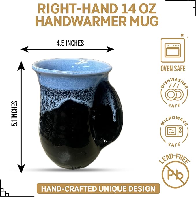Clay in Motion Hand Warmer Coffee Mug – Handmade Coffee Mug With Comfortable Handle Contoured Pocket Hand Warming Ceramic Coffee Mug – Proudly Made in USA – Right Handed – 14 Oz - Lava Foam