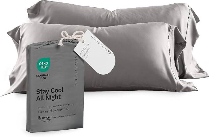 Olive + Crate Tencel Eucalyptus Pillowcases - 100% Tencel Lyocell Cooling Pillow Cases for Hot Sleepers - Hypoallergenic, Moisture-Wicking, Silk Alternative, Vegan - King Size Set of 2 [Stone Gray]