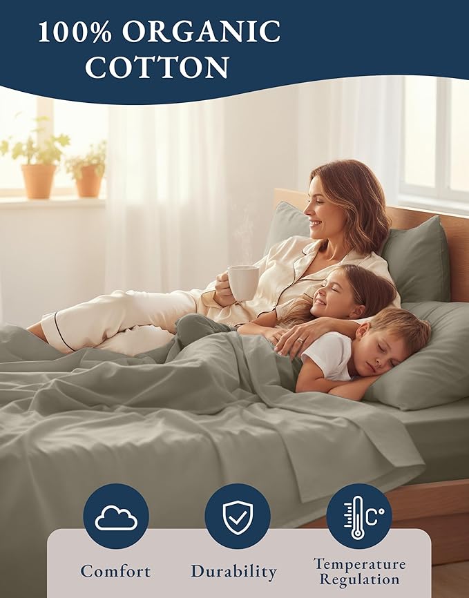 LANE LINEN 100% Organic Cotton Sheets Twin Size, Soft & Comfy Mercerized Fully Elasticized Naturally Temperature Regulating Sustainably Produced Luxury Hotel Quality Cotton Twin Sheet Set- Silver