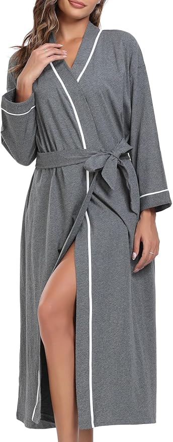 COLORFULLEAF 100% Cotton Women's Robes Summer Lightweight Kimono Soft Long Cotton Bathrobe for Women with Pockets