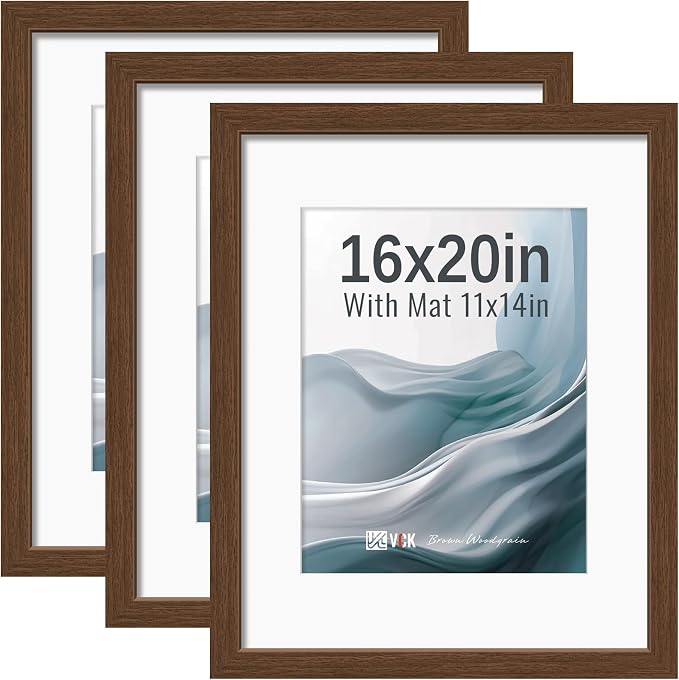 VCK 16x20 Picture Frames Brown 3 Pack, Wide Border Wood, Tempered Glass, Display 11x14 Photo with Mat or 16 x 20 without, for Home, Office, Gallery, Woodgrain Series, Wall Hanging