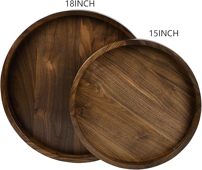 15 x 15 inches Round Ottoman Table Tray, Wooden Solid Black Walnut Circle Platter Decorative Serving Tray with Handle for Oversized Ottoman Home Breakfast in Bed Tea Coffee