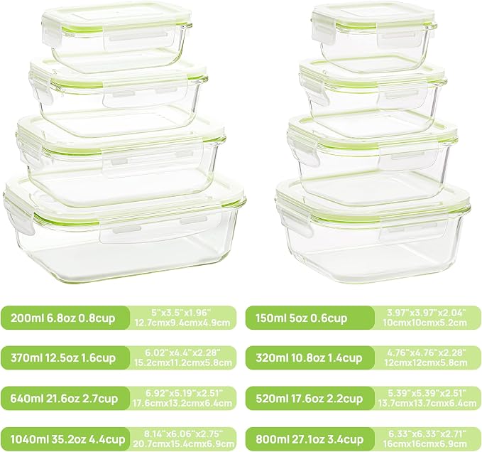 Vtopmart 8 Pack Glass Food Storage Containers with Lids (Grass Green)