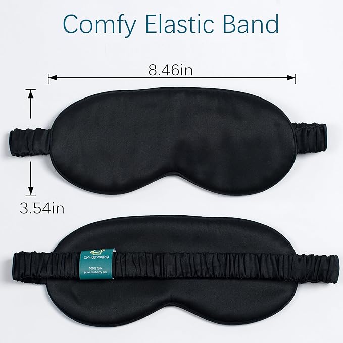 100% 22 Momme 6A Grade Double-Sided Pure Mulberry Silk Eye Mask Soft Breathable Sleep Blindfold with Elastic Headband for Men and Women Pack of 1 (Black)