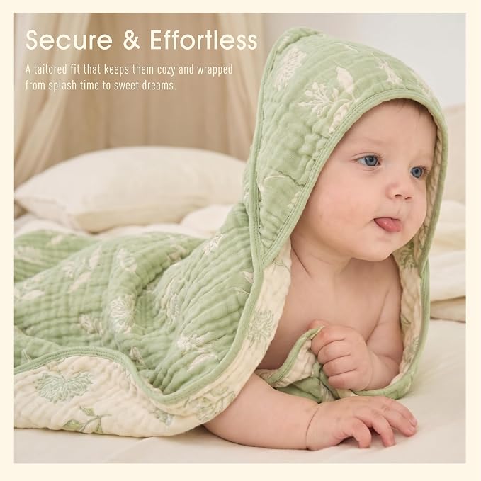 Ultra-Soft Muslin Baby Hooded Towel - 32 x 32 Inches, Ideal for Bath & Beach, Suitable for Both Boys & Girls from Newborns to Toddlers (Sage Green Floral)