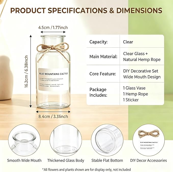 500ML Vintage Glass Vase Minimalist Clear Rustic Cylinder Bottles with Hemp Rope & Stickers for Wedding Centerpieces, Floral Arrangements, Farmhouse Home Decor, Table & Bookshelf Display