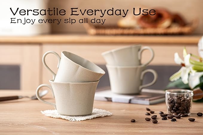 Ceramic Coffee Mugs Set of 4, Vintage Flower Mugs,6 oz Small Coffee Cups with Handle,Handmade Floral espresso mugs for Latte,Cappuccino,Tea Cups (Natural Beige, 6, OZ)