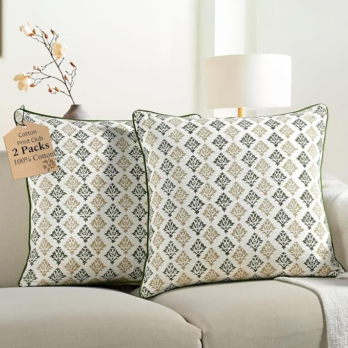 CPC Botanical Trellis Green Block Print Throw Cushion Cover 20 x 20 Inch Set 2 - Decorative Boho Floral Pillow Case for Living Room, Bed, Sofa, Couch, Home Decor Gift for Spring, Mother's Day