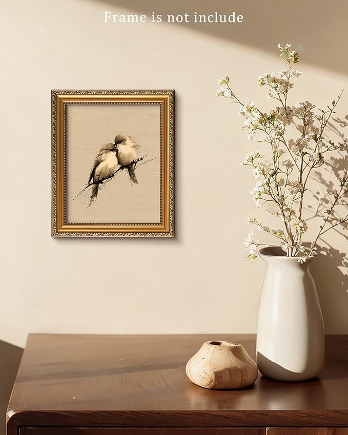 Vodefoad Vintage Love Birds Sketch Wall Art, Neutral Romantic Art, Cottage Valentine Spring Bird Canvas Painting, Romantic Country Style Interior Design Wall Decor for Bedrooms, Nurseries, Gallery, Bathroom - 8x10Inch Unframe