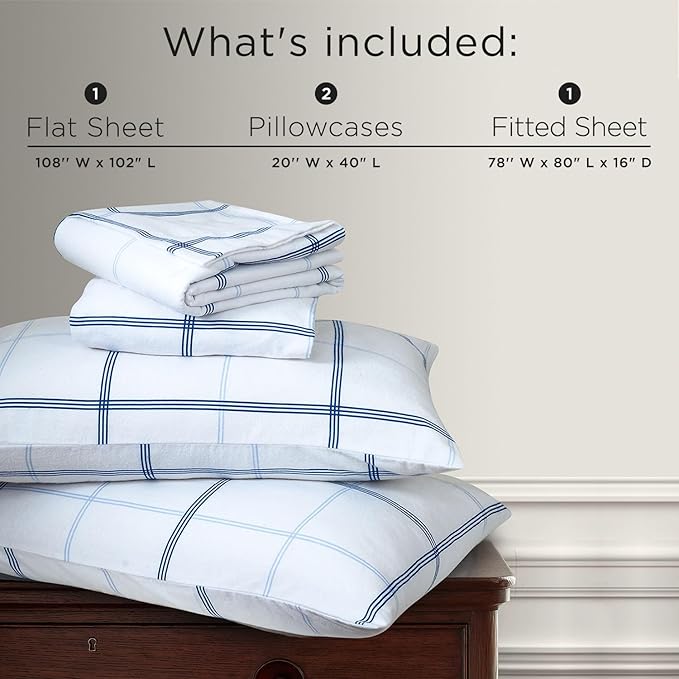Briarwood Home® Printed Flannel Sheet Set, 100% Natural Cotton, Soft, Warm & Deep Pocket, Advanced Nano-Tech Making it Resistance to Pilling; Brushed 6 Times for Softness (Classic Blue Plaid, King)