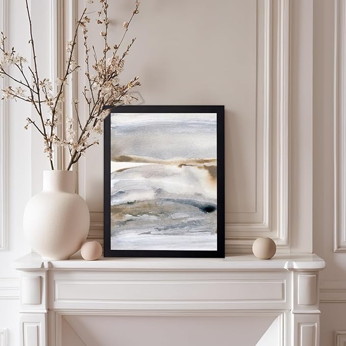 Monem Art Neutral Abstract Watercolor Landscape Wall Art - Minimalist Earth Tone Contemporary Painting Poster - Modern Calm Aesthetic Art Print - 12x16 Black Framed Wall Art by Mareike Bohmer