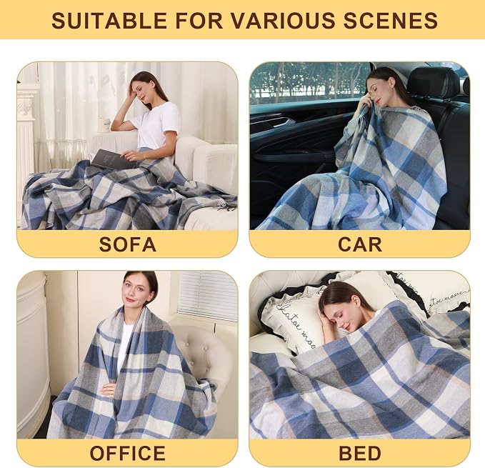 Woolly Throw Pure Wool Blanket - Large 55x83 inches, 1.5 lbs,Wool Fringed Knee Throw Blanket for Couch Bed Outdoor Travel,Soft Lightweight Breathable Blanket for All Season,Blue Check