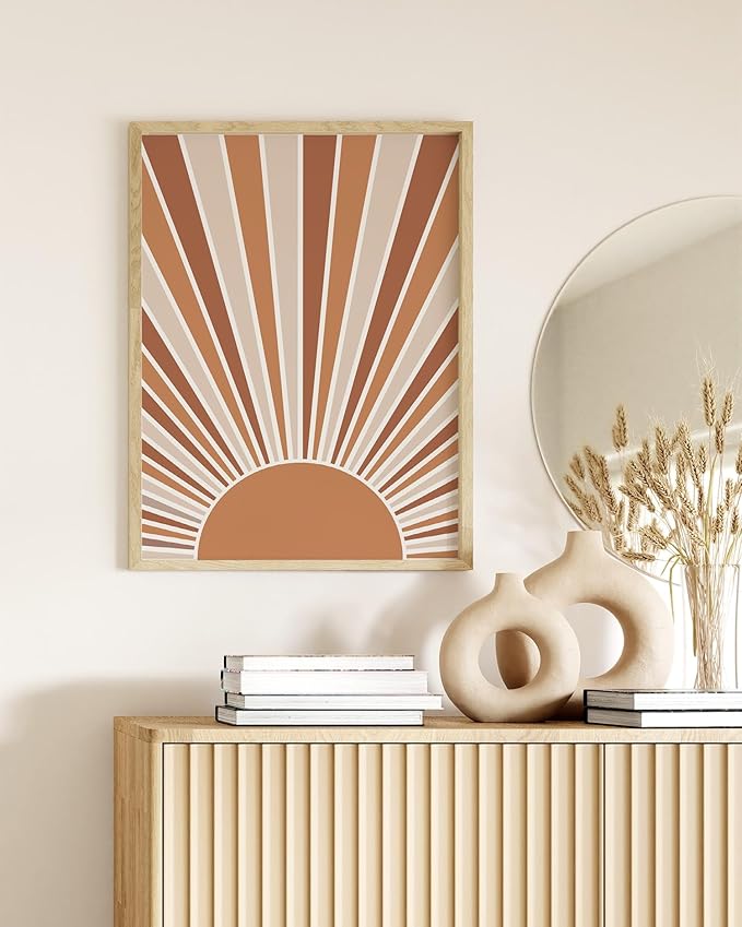 Y2K BOO Boho Rising Sun UNFRAMED Wall Art Sunburst Rays Earth Tones Terracotta Mid Century Modern 12x16 Inch Heavyweight Paper Minimalist Aesthetic Decor