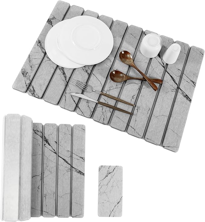 2pcs Stone Dish Drying Mat for Kitchen Counter, Quick-Dry Diatomaceous Earth Water Absorbent Pad & Countertop Drainer, Home Essentials for Bath and Pets - Marble Light Grey, 24x16’’ & 8x4’’